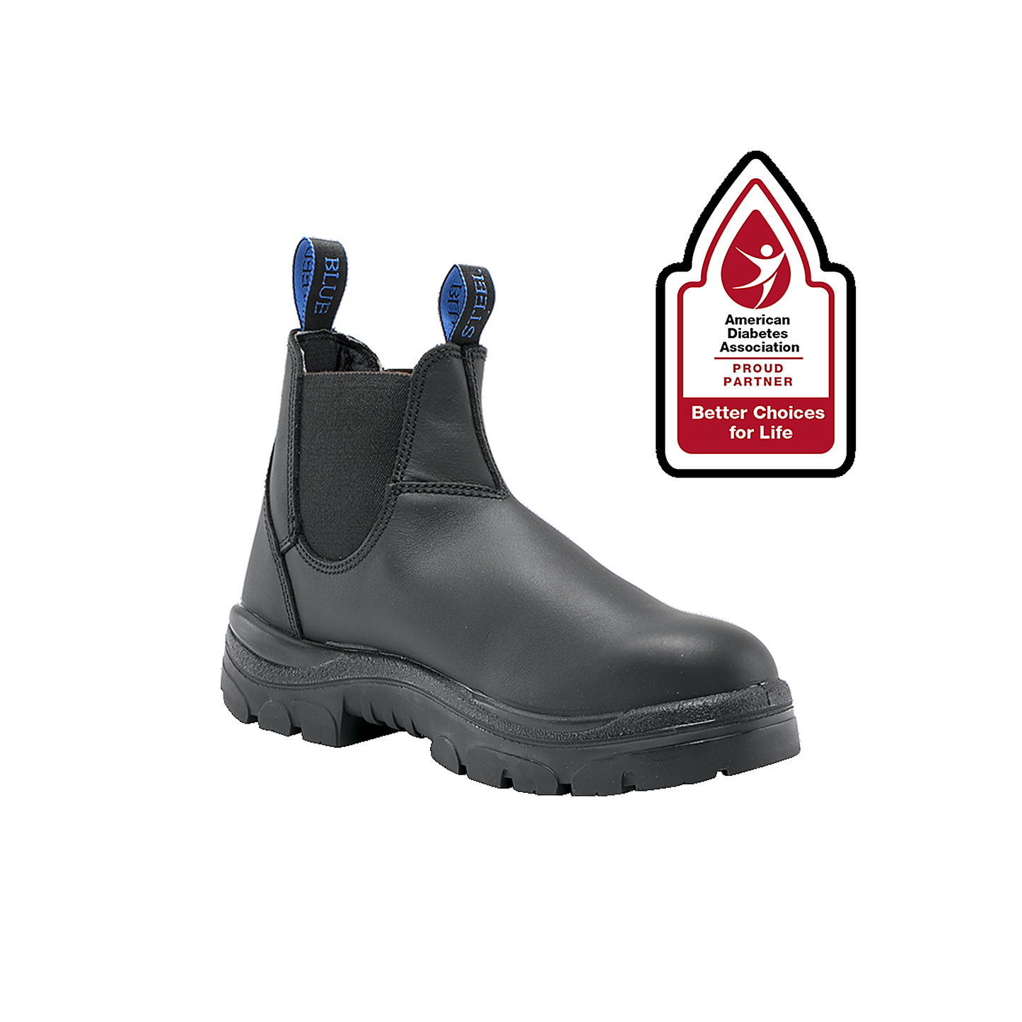 Steel Blue Hobart men's soft-toe slip-on work boot in black, displayed with the American Diabetes Association Better Choices for Life partner badge.