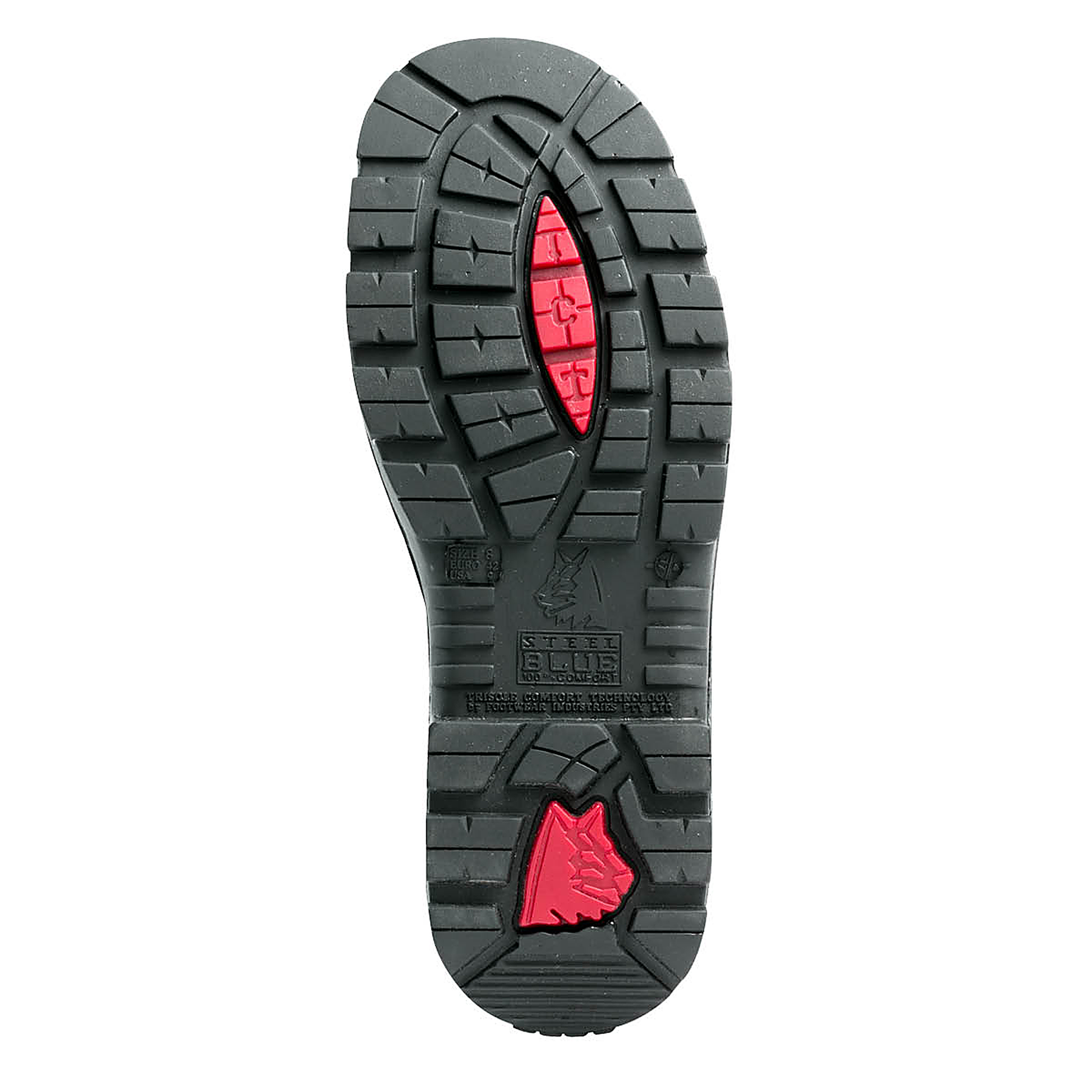 Detail illustration of the Trisole soft-toe outsole technology — black TPU lug pattern with red PORON shock-absorption inserts.
