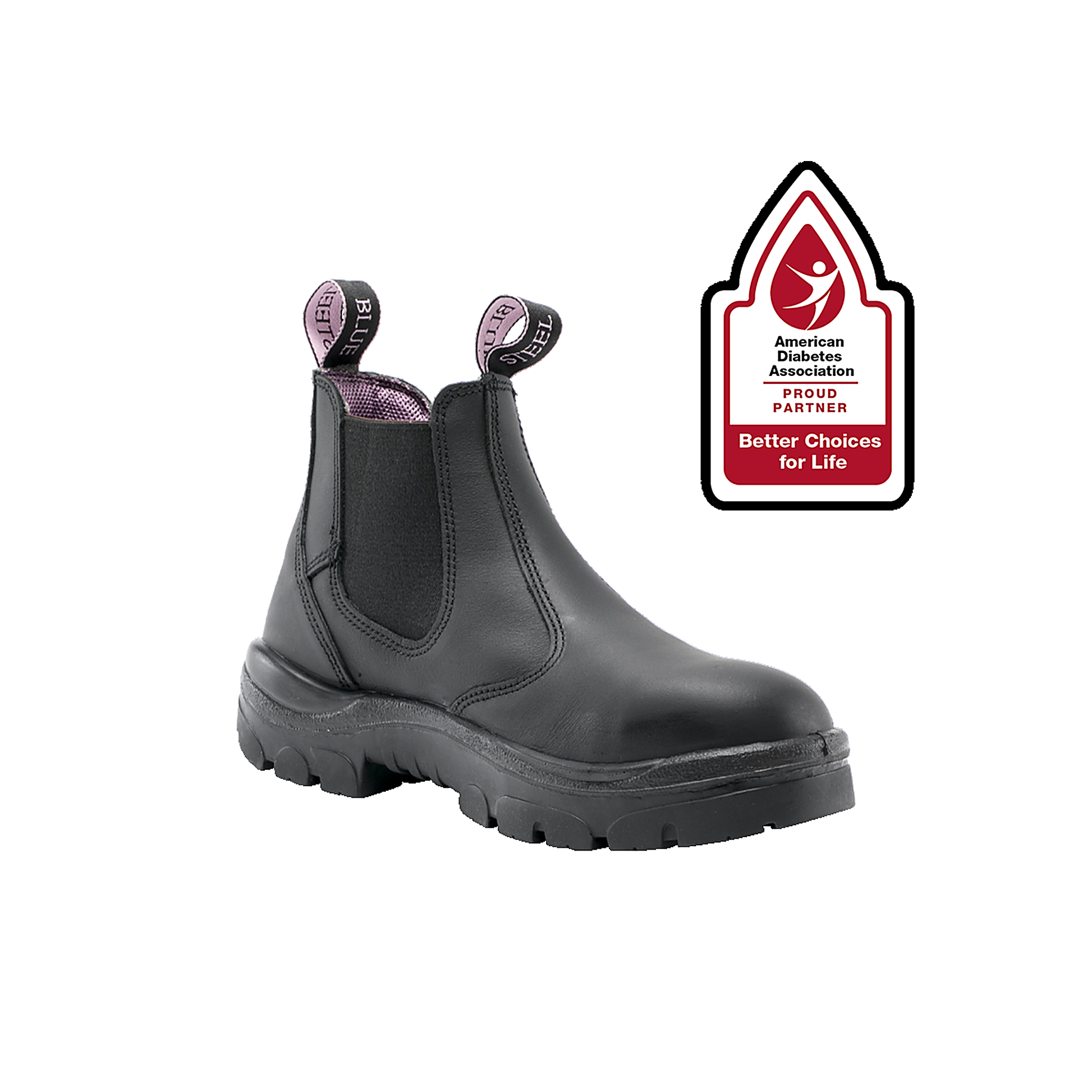 Steel Blue Hobart ladies' soft-toe slip-on chelsea work boot in black, displayed alongside the American Diabetes Association Better Choices for Life partner badge.