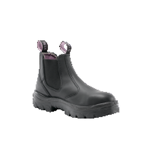 Steel Blue Hobart ladies' steel-toe slip-on chelsea work boot — front-three-quarter product photo in black full-grain leather, women's last with rounded toe profile.