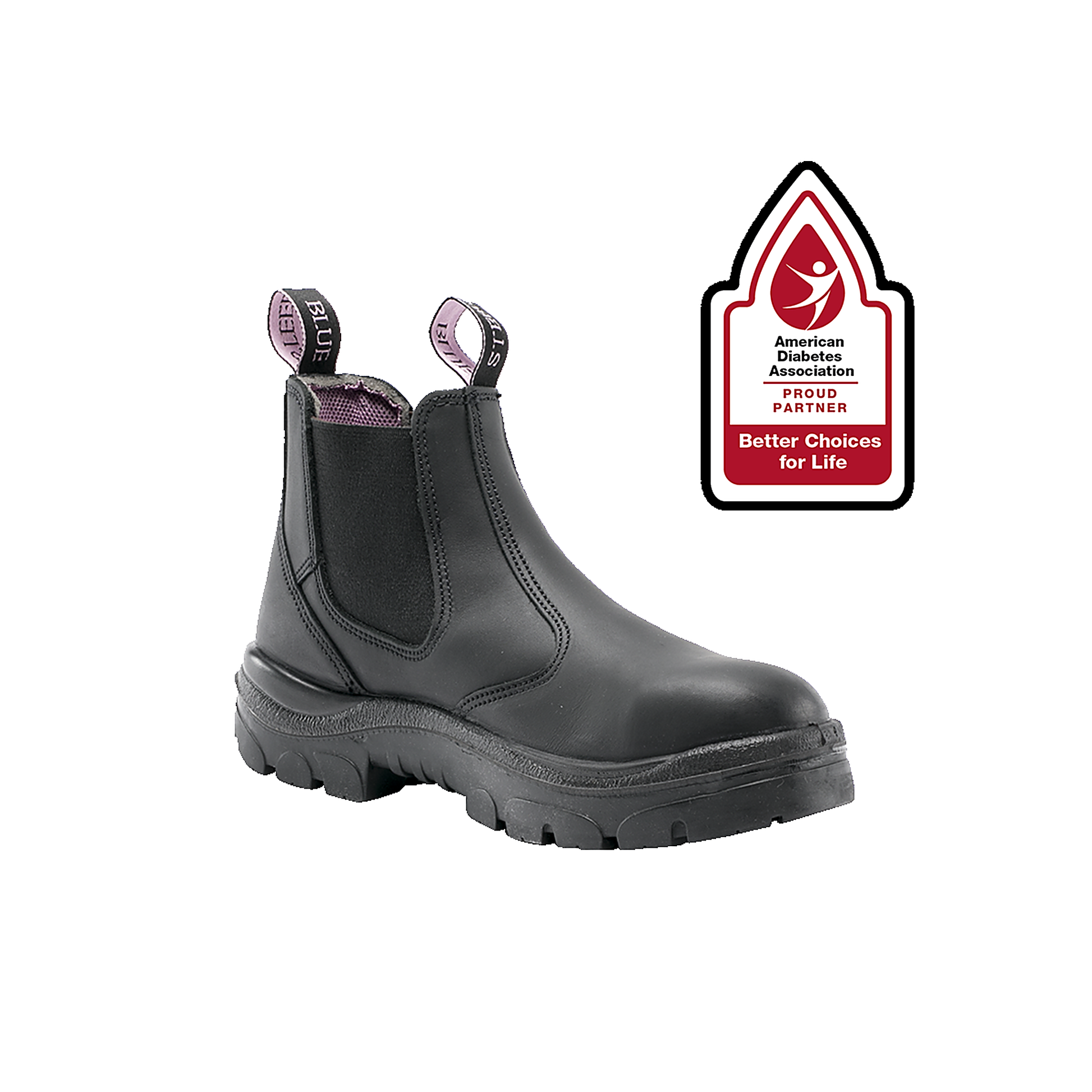 Steel Blue Hobart ladies' steel-toe slip-on chelsea work boot in black, displayed alongside the American Diabetes Association Better Choices for Life partner badge — front-three-quarter view showing the rounded toe and pink-trimmed pull tabs.
