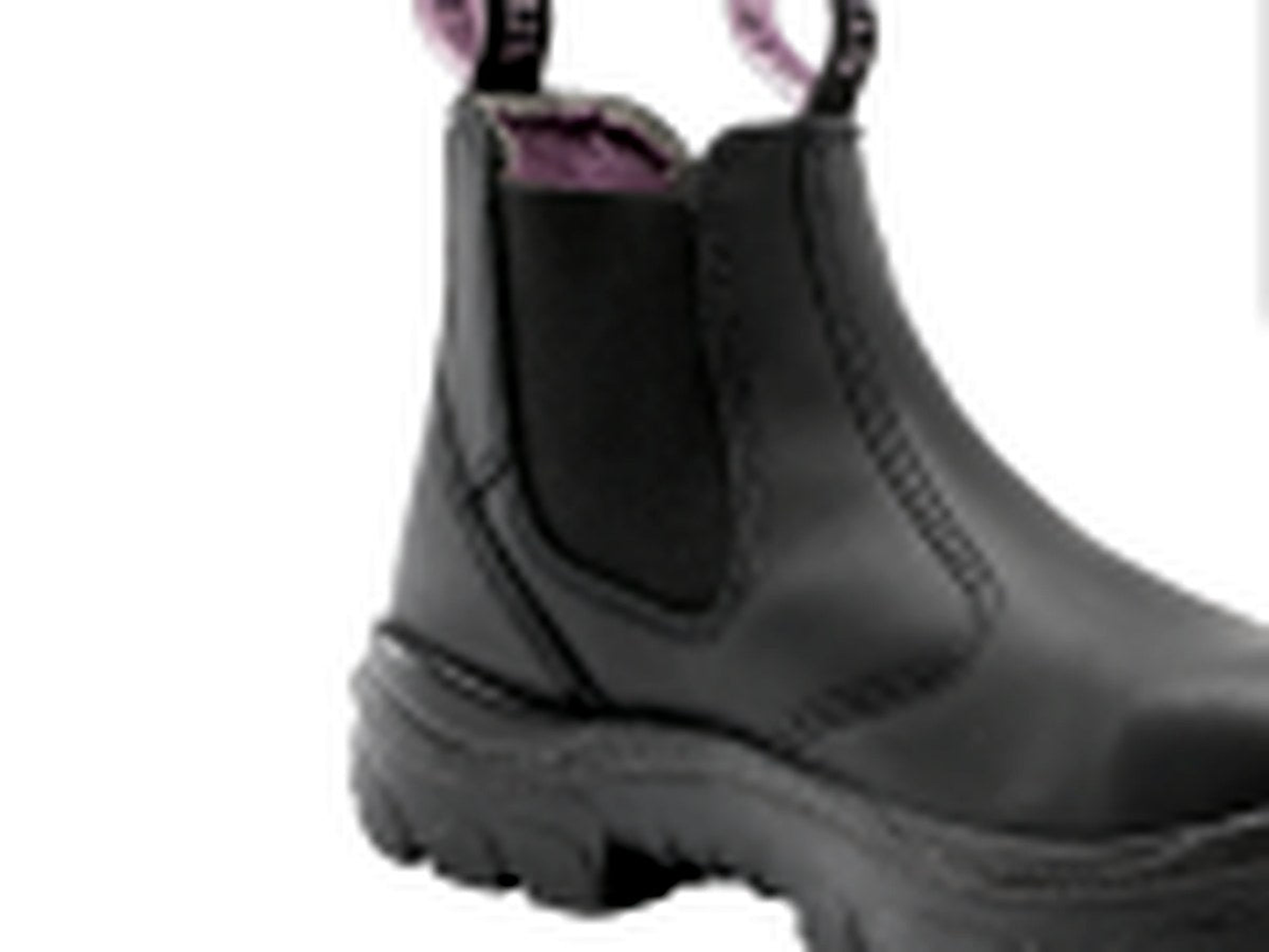 Steel Blue Hobart ladies' steel-toe boot — close-up of the rounded toe profile and steel-toe cap shape in black full-grain leather.