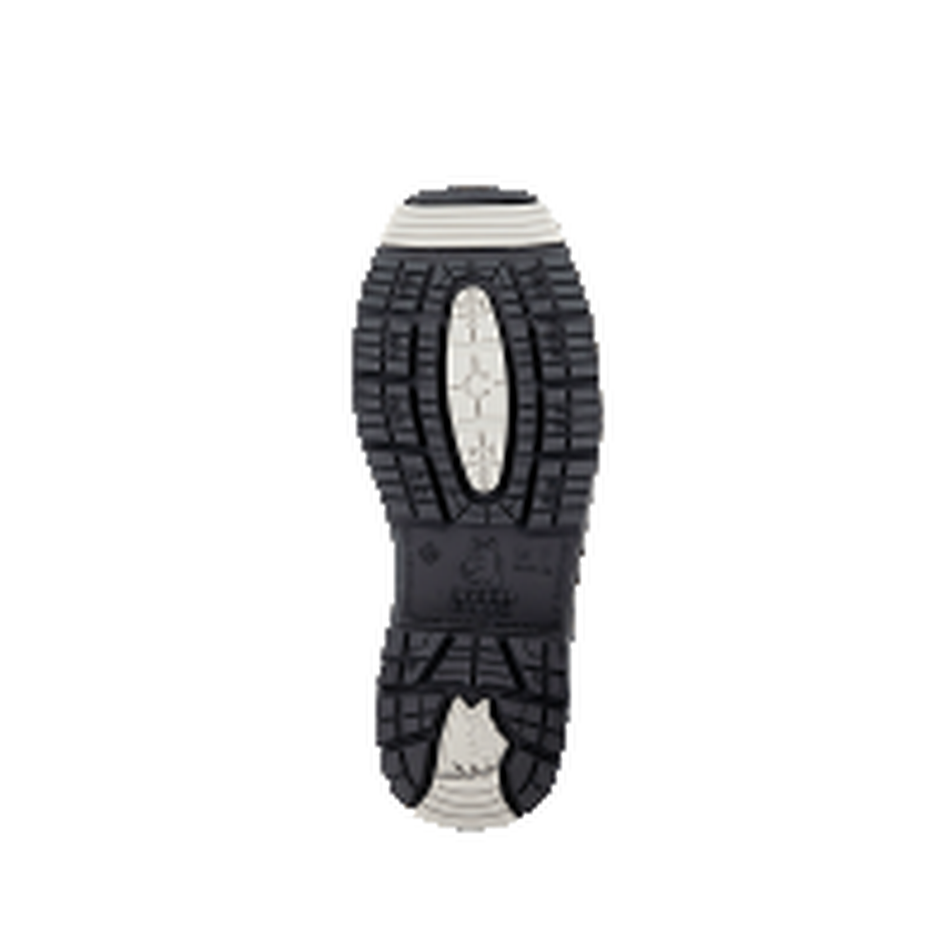 Detail illustration of the Steel Blue square-toe last profile in black — top-down view comparing the wider toe box to a standard round-toe last.