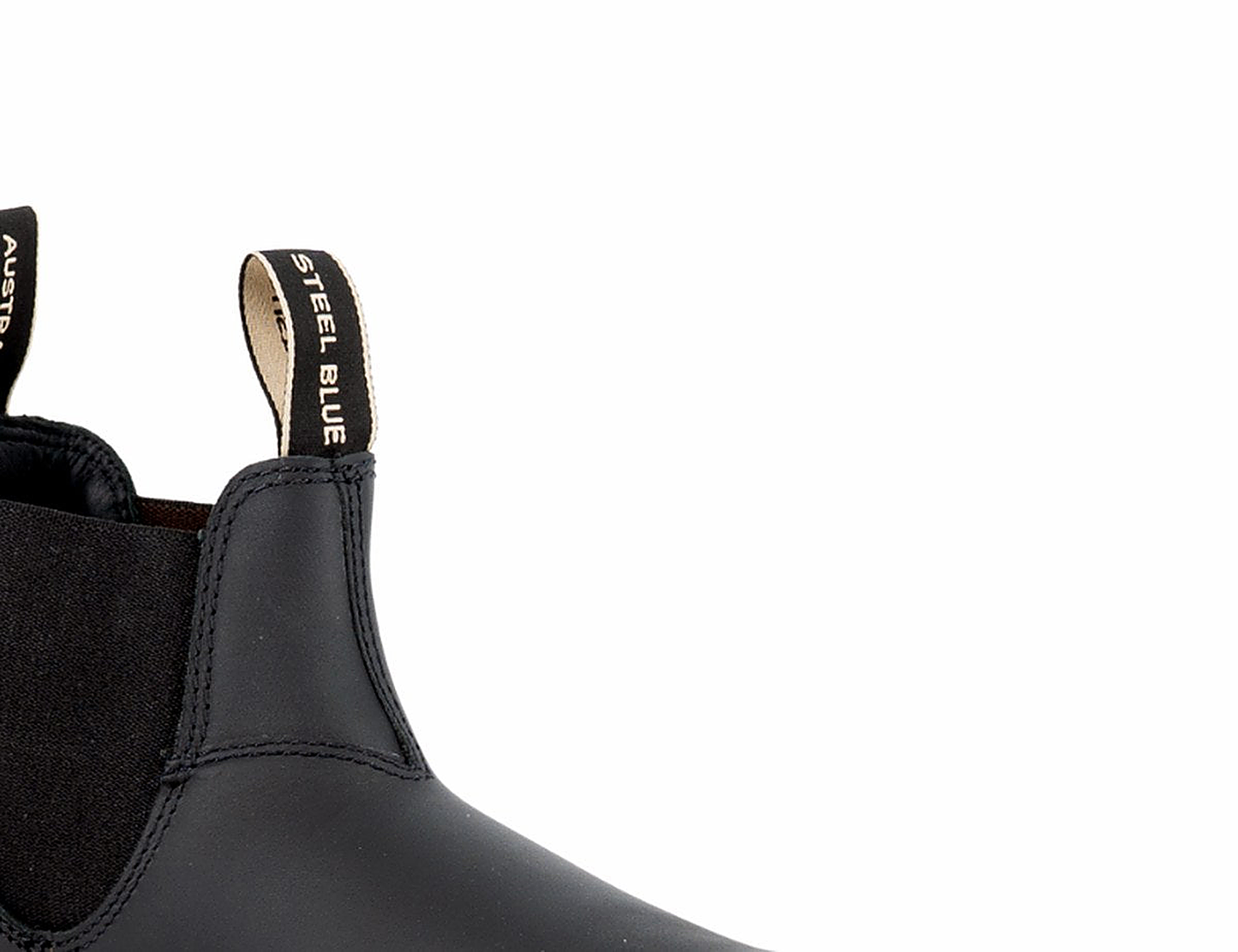 Steel Blue Hobart men's square-toe soft-toe boot — close-up of the side elastic gusset, twin pull tabs, and ankle silhouette.