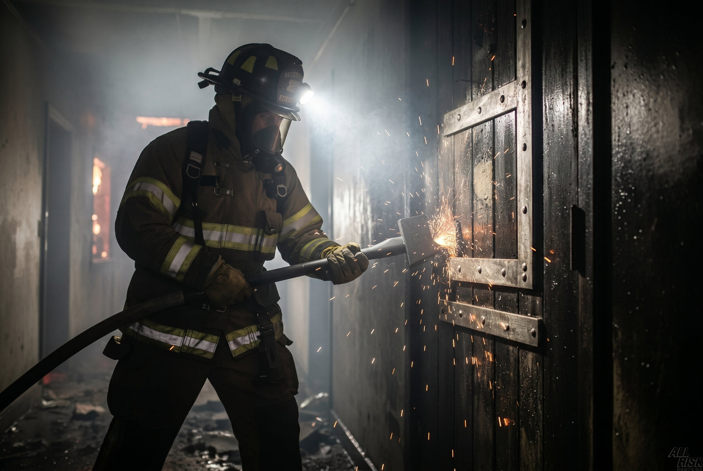 Firefighter using PIGlet forcible entry tool during door breaching operation - tool in action during emergency response