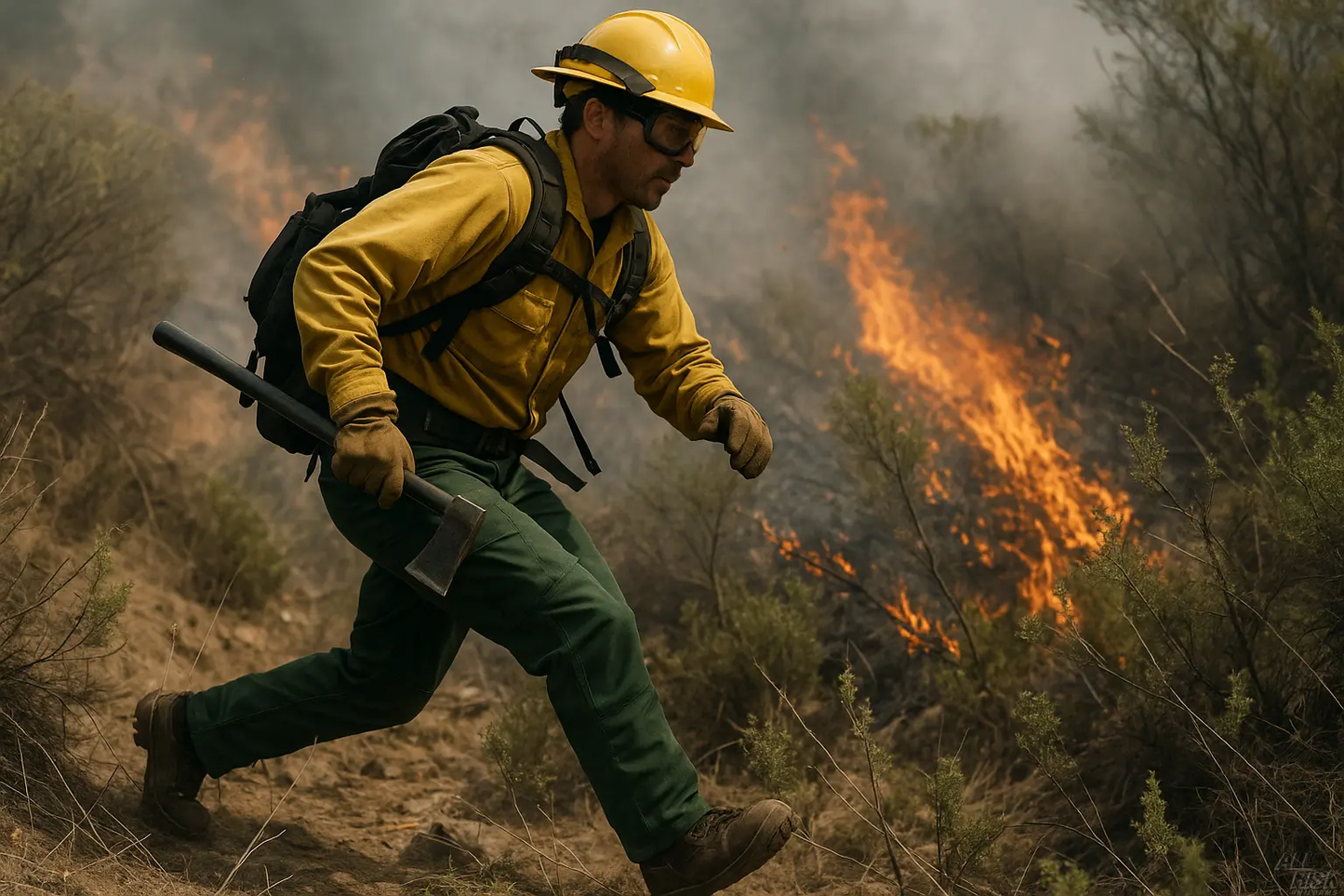 Wildland firefighter wearing VFT Nomex brush pants during wildfire operations