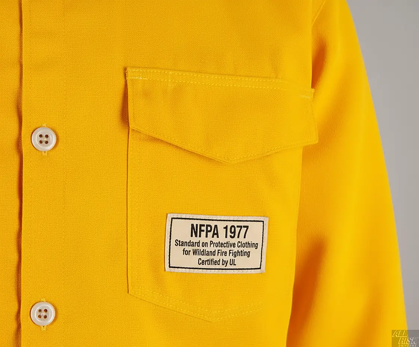 VFT Brush Shirt Pro - Close-up of Tecasafe Fabric and NFPA 1977 Certification Label