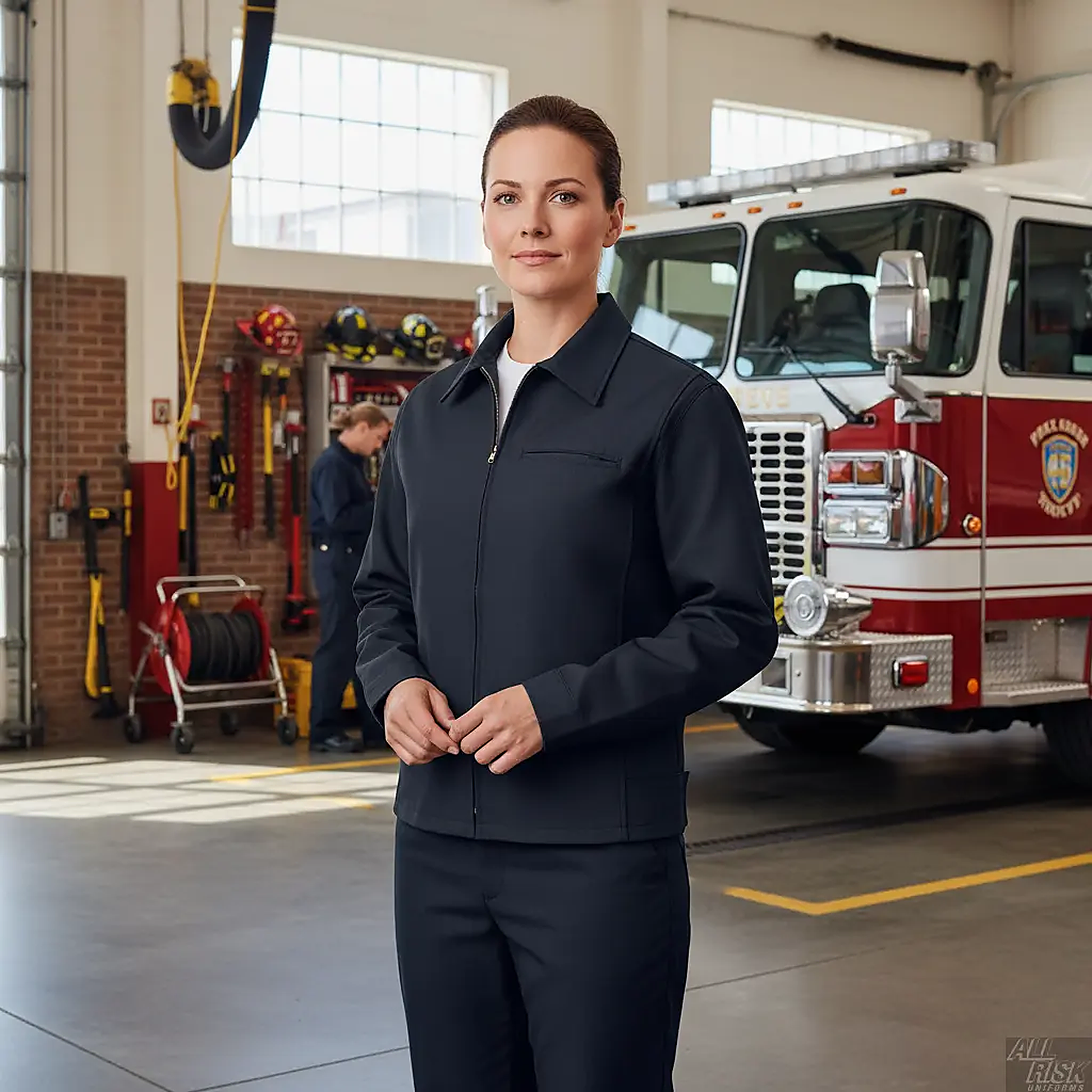 WorkRite Fire Service Jacket - Firefighter Wearing Jacket at Fire Station
