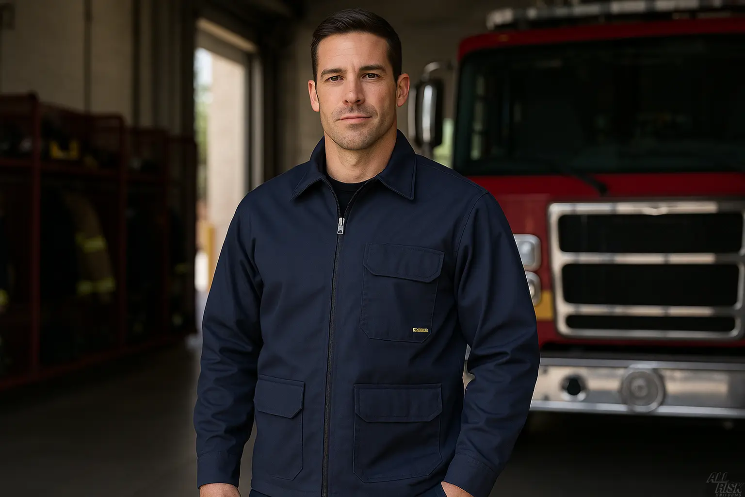 WorkRite Fire Service Jacket - Firefighter Wearing Jacket at Station