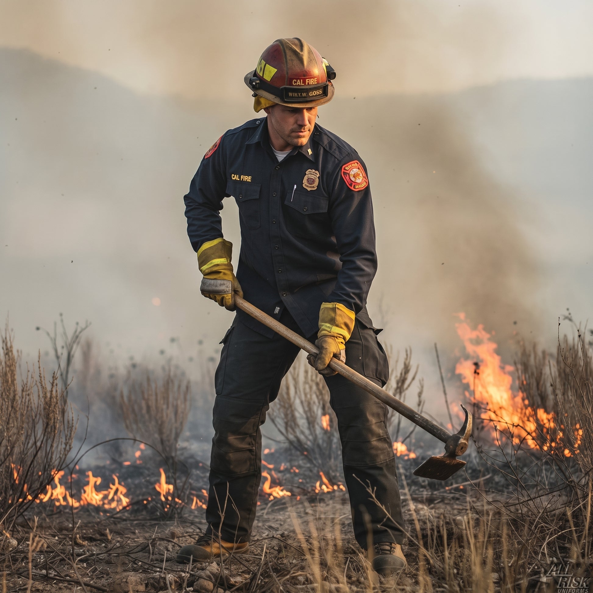 Cal Fire wildland firefighter wearing WorkRite Long Sleeve Nomex shirt in midnight navy during operations