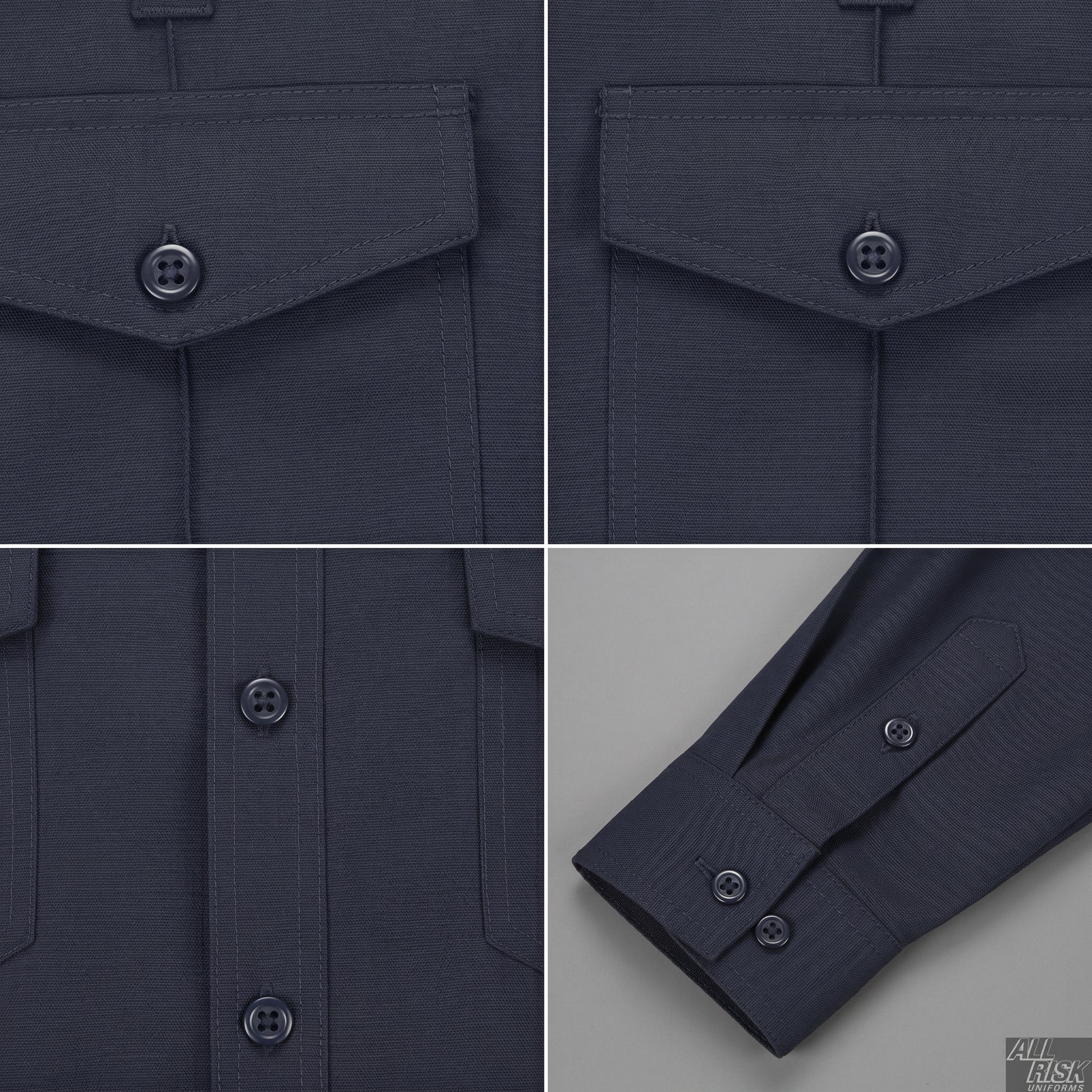 WorkRite Nomex shirt midnight navy detail shots showing fabric texture and flame-resistant construction