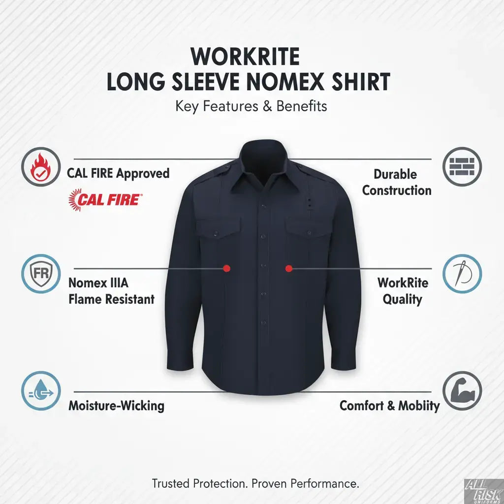 WorkRite Long Sleeve Nomex shirt midnight navy features - CAL FIRE approved, Nomex IIIA, flame resista