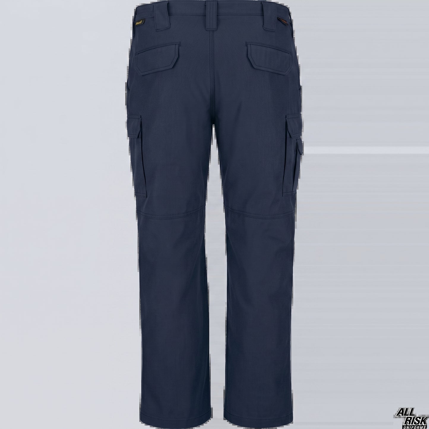 A pair of navy blue dual-compliant tactical pants with multiple pockets and ankle straps.