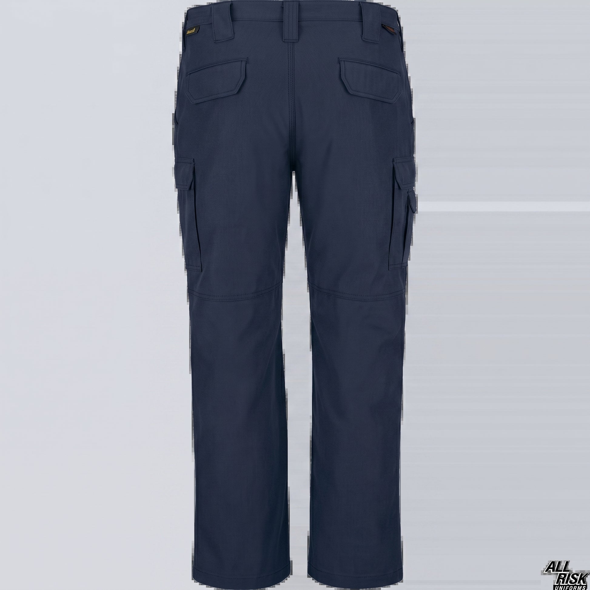 A pair of navy blue dual-compliant tactical pants with multiple pockets and ankle straps.