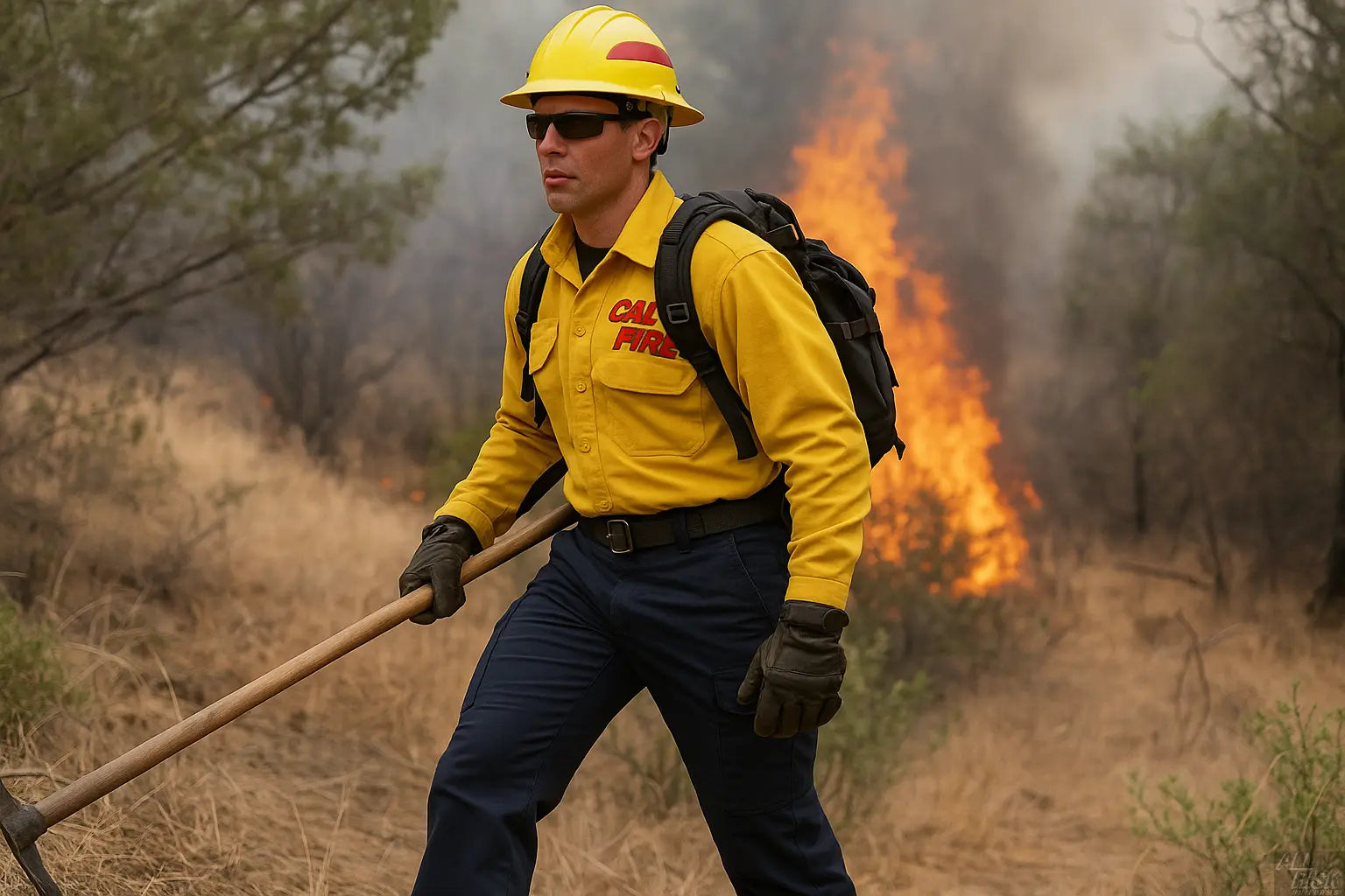 Cal Fire wildland firefighter wearing WorkRite Nomex Tactical Pants midnight navy during operations in California wildland