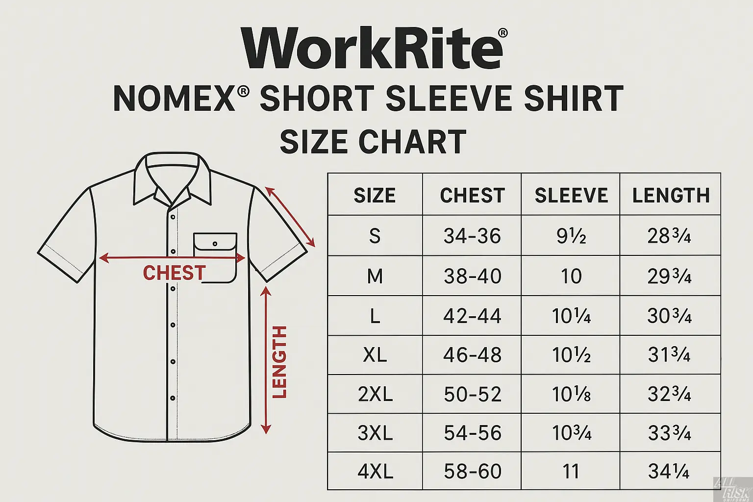 WorkRite Short Sleeve Nomex shirt sizing guide with chest, sleeve, and length measurements