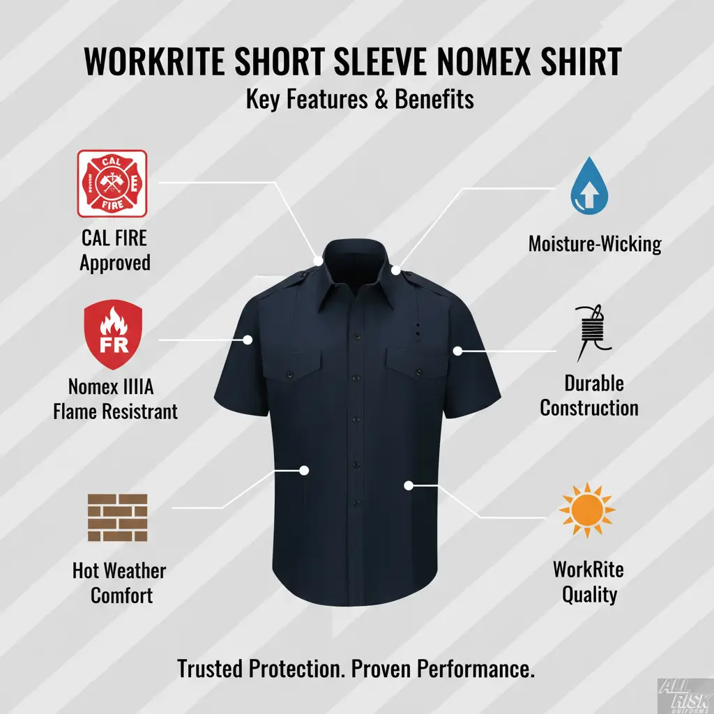 WorkRite Short Sleeve Nomex shirt features - CAL FIRE approved, Nomex IIIA, hot weather comfort