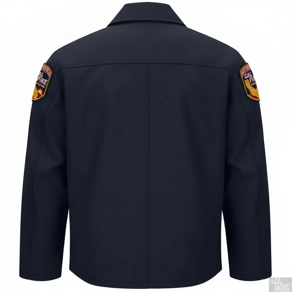 Back view showing shoulder reinforcement with correct CAL FIRE patches