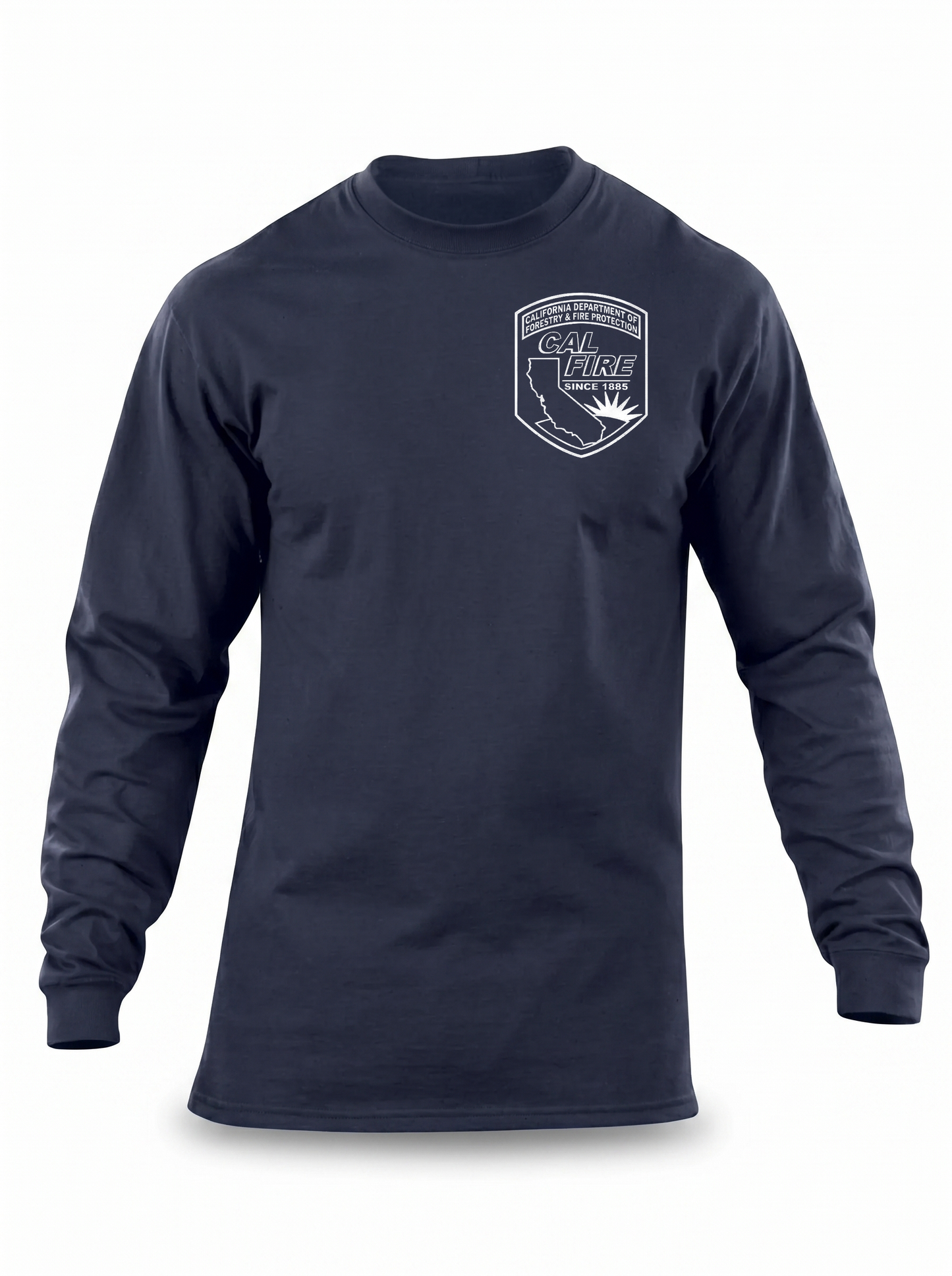 Fire Navy 5.11 Station Wear long-sleeve CAL FIRE t-shirt — front view with the official CAL FIRE arrowhead shield patch on the left chest.