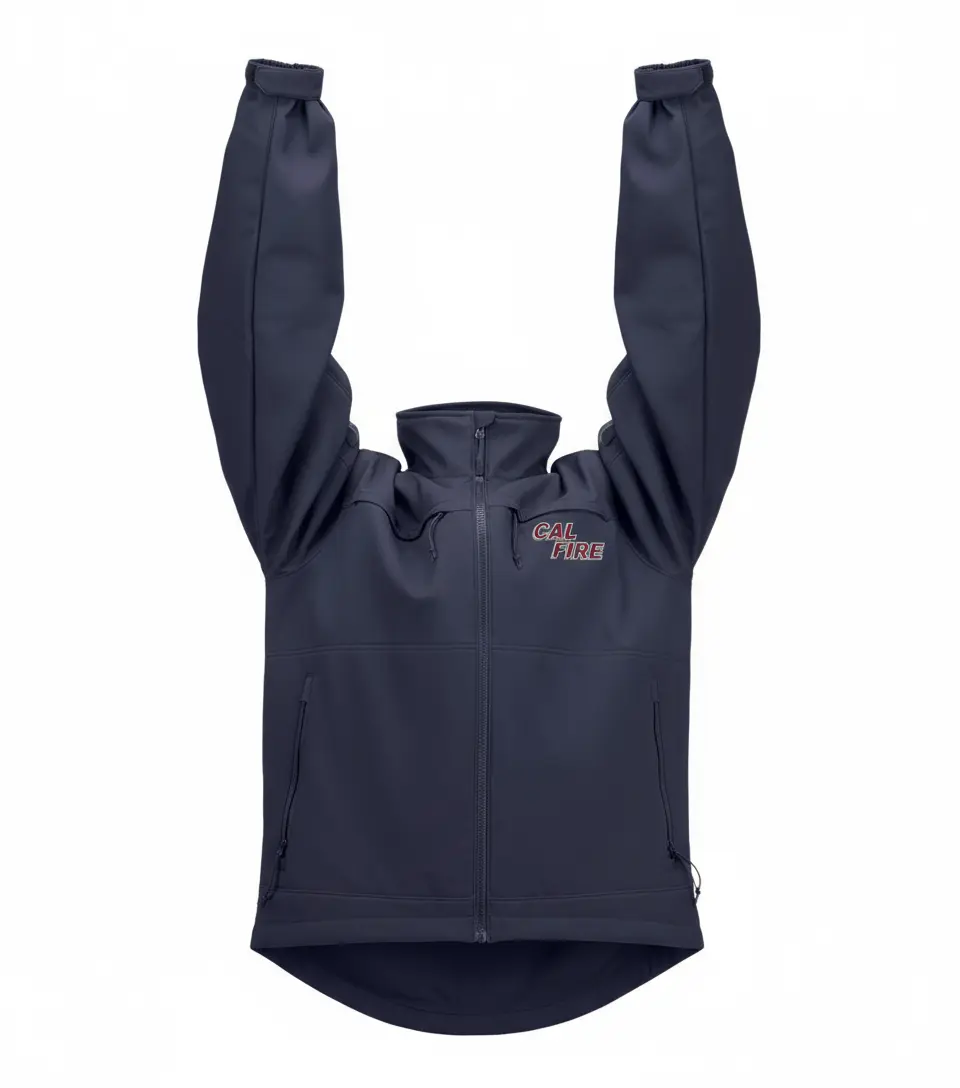 Navy 5.11 Chameleon 2.0 softshell jacket laid flat with sleeves raised, showing the full-zip front and red CAL FIRE italic wordmark on the left chest.