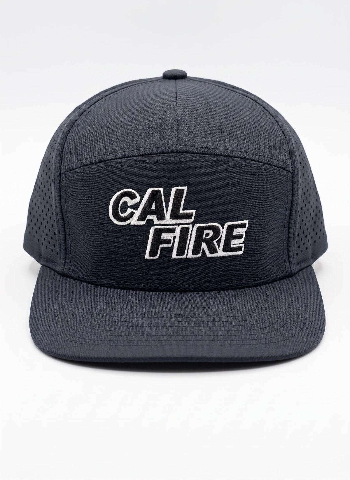 Midnight navy CAL FIRE 7-panel performance hat, front view with the white-only CAL FIRE italic wordmark on the crown and a flat brim.