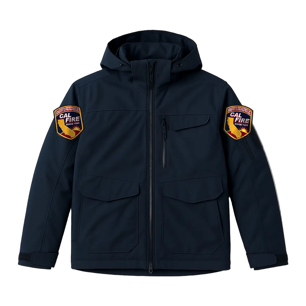 Navy CAL FIRE First Tactical Tactix System Jacket, front view of the waterproof shell with CAL FIRE shoulder patches on both sleeves.