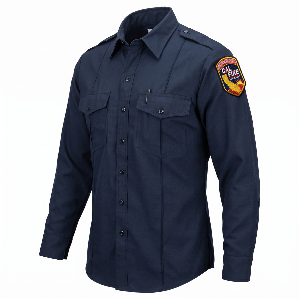CAL FIRE Mens Flying Cross Long Sleeve Nomex shirt, three-quarter view showing the left-shoulder CAL FIRE patch below the epaulet and button cuffs