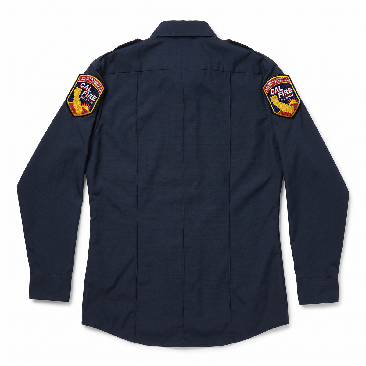 CAL FIRE Mens Flying Cross Long Sleeve Nomex shirt, back view with epaulets, military creases and shoulder patches on both sleeves