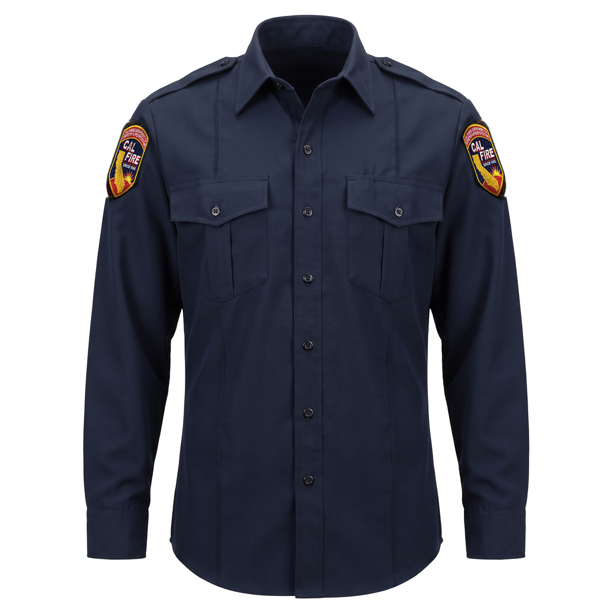 CAL FIRE Mens Flying Cross Long Sleeve Nomex shirt, front view, midnight navy Nomex IIIA with epaulets and embroidered CAL FIRE shoulder patches