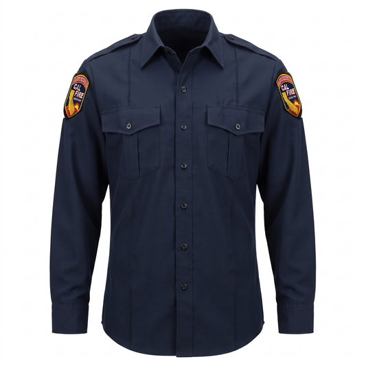 CAL FIRE Mens Flying Cross Long Sleeve Nomex shirt, front view, midnight navy Nomex IIIA with epaulets and embroidered CAL FIRE shoulder patches