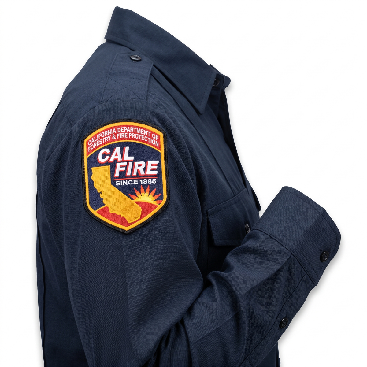 Close-up of the embroidered CAL FIRE shoulder patch on the sleeve of the Mens Flying Cross Long Sleeve Nomex shirt