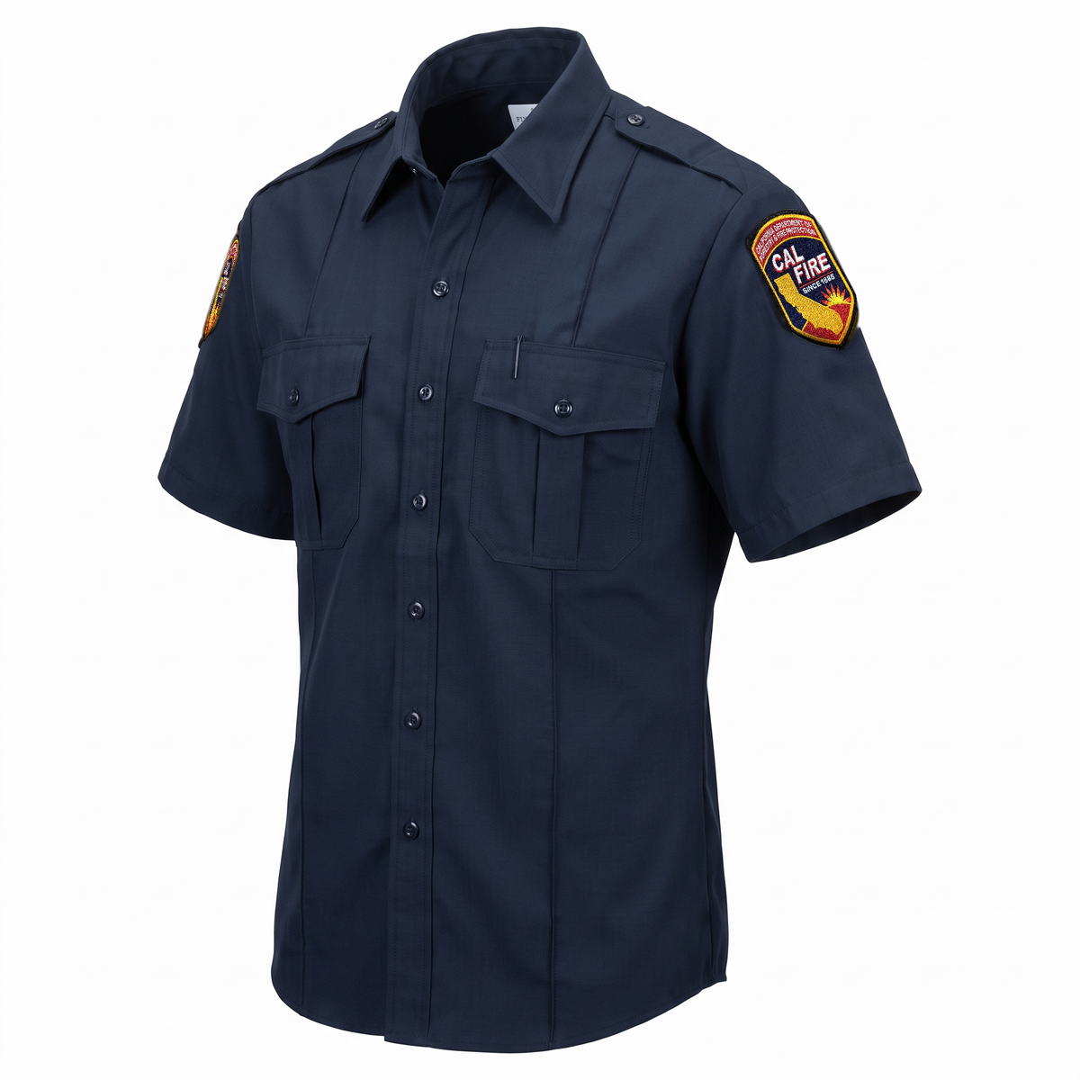 CAL FIRE Mens Flying Cross Short Sleeve Nomex shirt, three-quarter view showing the left-shoulder CAL FIRE patch below the epaulet