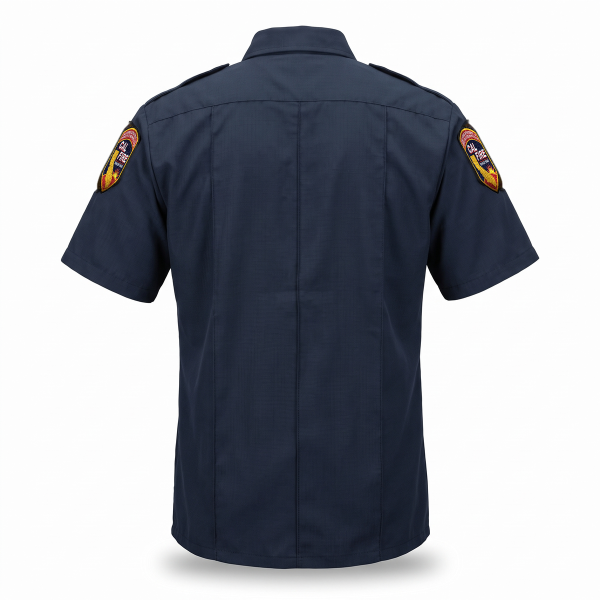 CAL FIRE Mens Flying Cross Short Sleeve Nomex shirt, back view with epaulets, military creases and shoulder patches on both sleeves