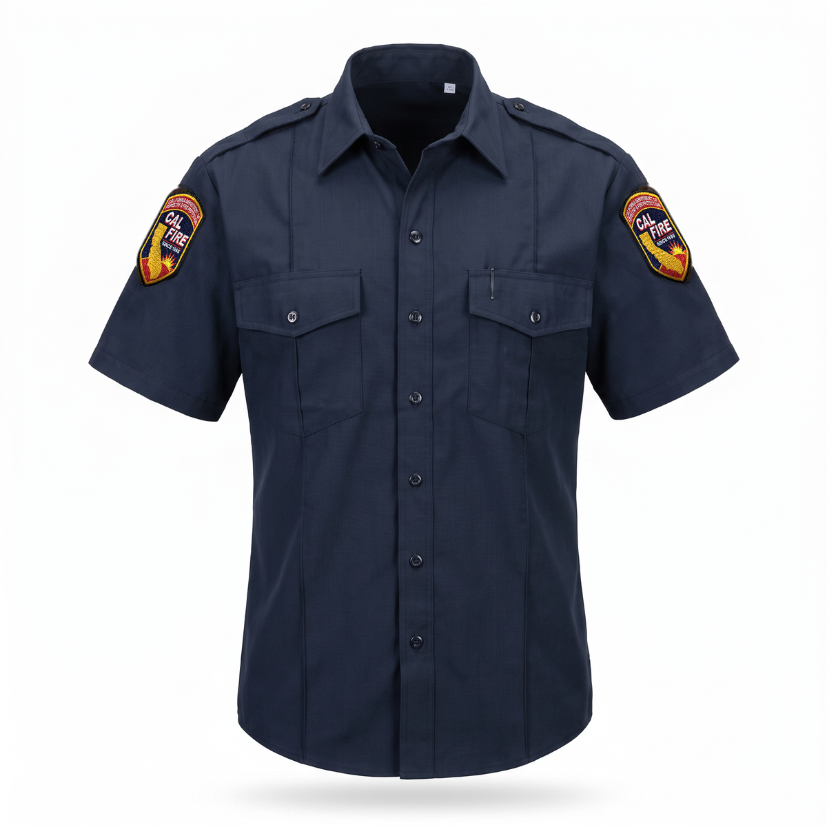 CAL FIRE Mens Flying Cross Short Sleeve Nomex shirt, front view, midnight navy Nomex IIIA with epaulets and embroidered CAL FIRE shoulder patches