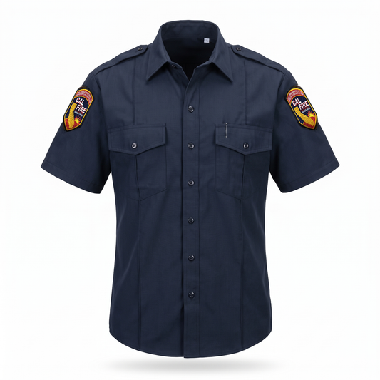 CAL FIRE Mens Flying Cross Short Sleeve Nomex shirt, front view, midnight navy Nomex IIIA with epaulets and embroidered CAL FIRE shoulder patches