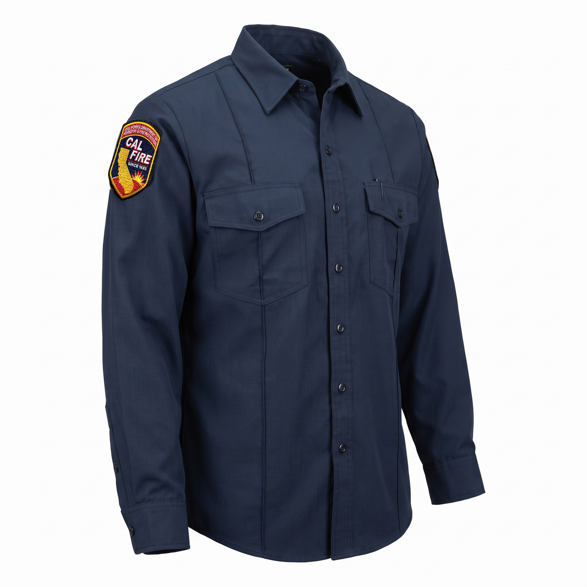 CAL FIRE Mens WorkRite Long Sleeve Nomex shirt, three-quarter view showing the left-shoulder CAL FIRE patch, flap chest pockets and button cuffs