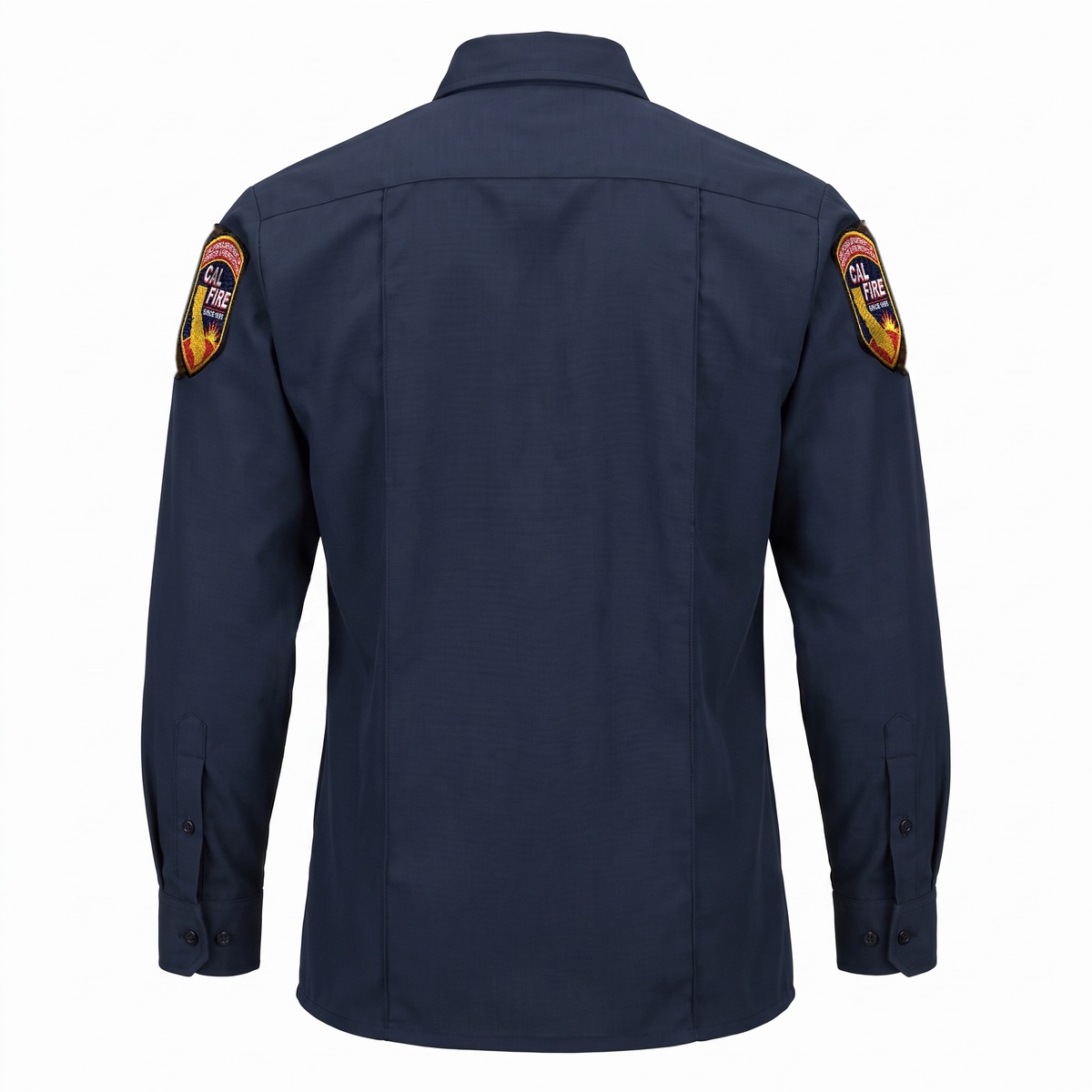 CAL FIRE Mens WorkRite Long Sleeve Nomex shirt, back view with sewn-in military creases and shoulder patches on both sleeves