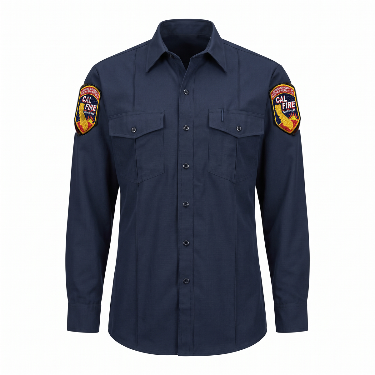 CAL FIRE Mens WorkRite Long Sleeve Nomex shirt, front view, midnight navy Nomex IIIA with embroidered CAL FIRE shoulder patches on both sleeves