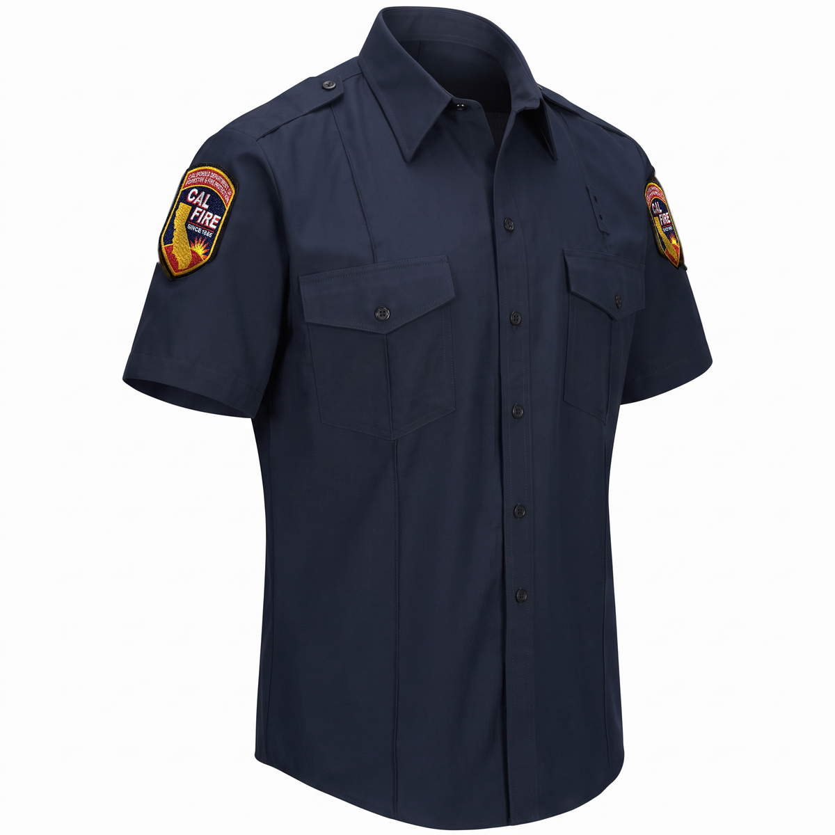 CAL FIRE Mens WorkRite Short Sleeve Nomex shirt, three-quarter view showing the left-shoulder CAL FIRE patch and flap chest pockets