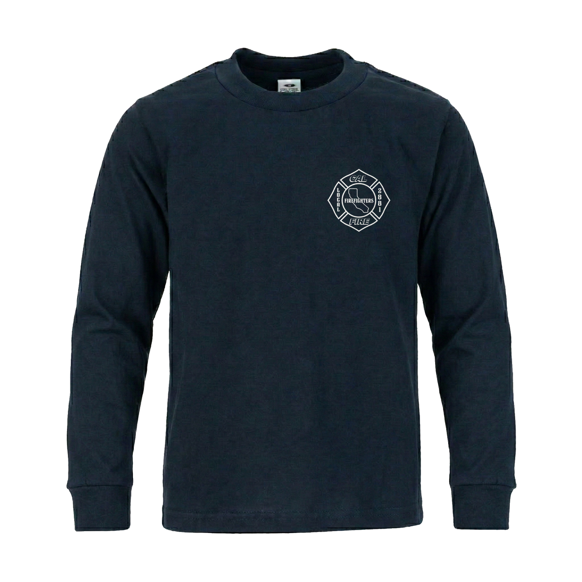 Navy Pro Club heavyweight long-sleeve tee, flat front, with the white CAL FIRE Firefighters Local 2881 Maltese cross on the left chest.