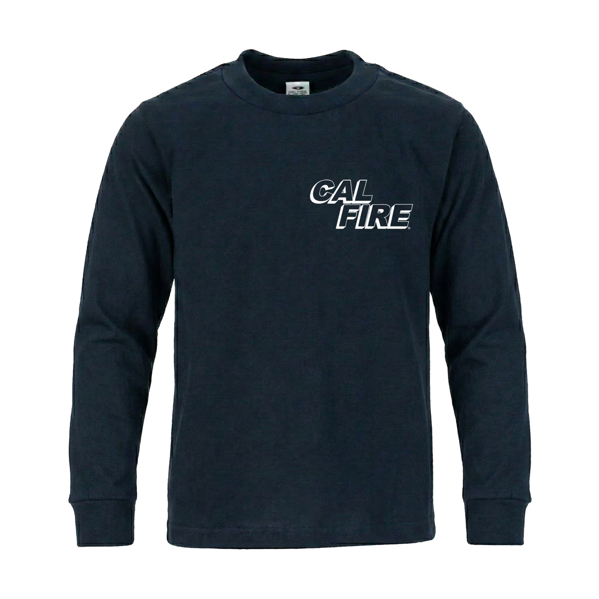 Navy Pro Club heavyweight long-sleeve tee, flat front, with the white-outlined stacked CAL FIRE® wordmark on the left chest.