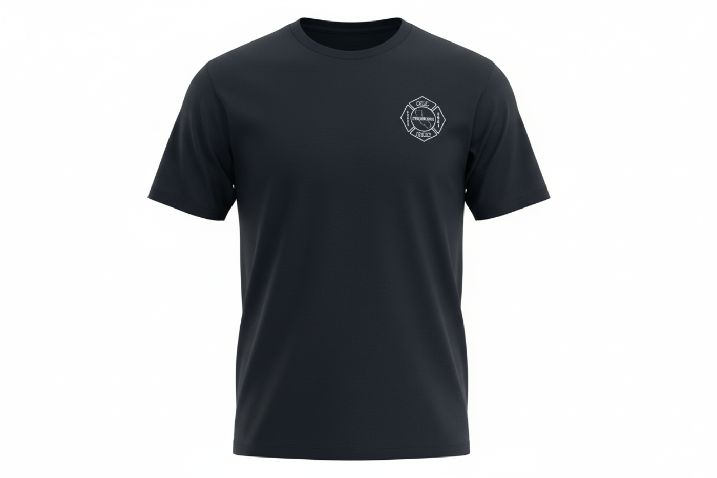 Navy First Tactical premium cotton CAL FIRE short-sleeve t-shirt, front product render with a small white maltese-cross firefighter-shield logo on the left chest.