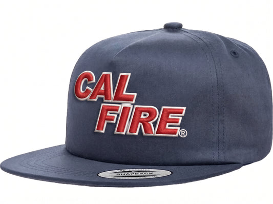 CAL FIRE red text flat bill snapback - angled view