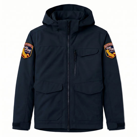 CAL FIRE First Tactical Tactix waterproof system jacket in midnight navy with the CAL FIRE arrowhead crest on both chests