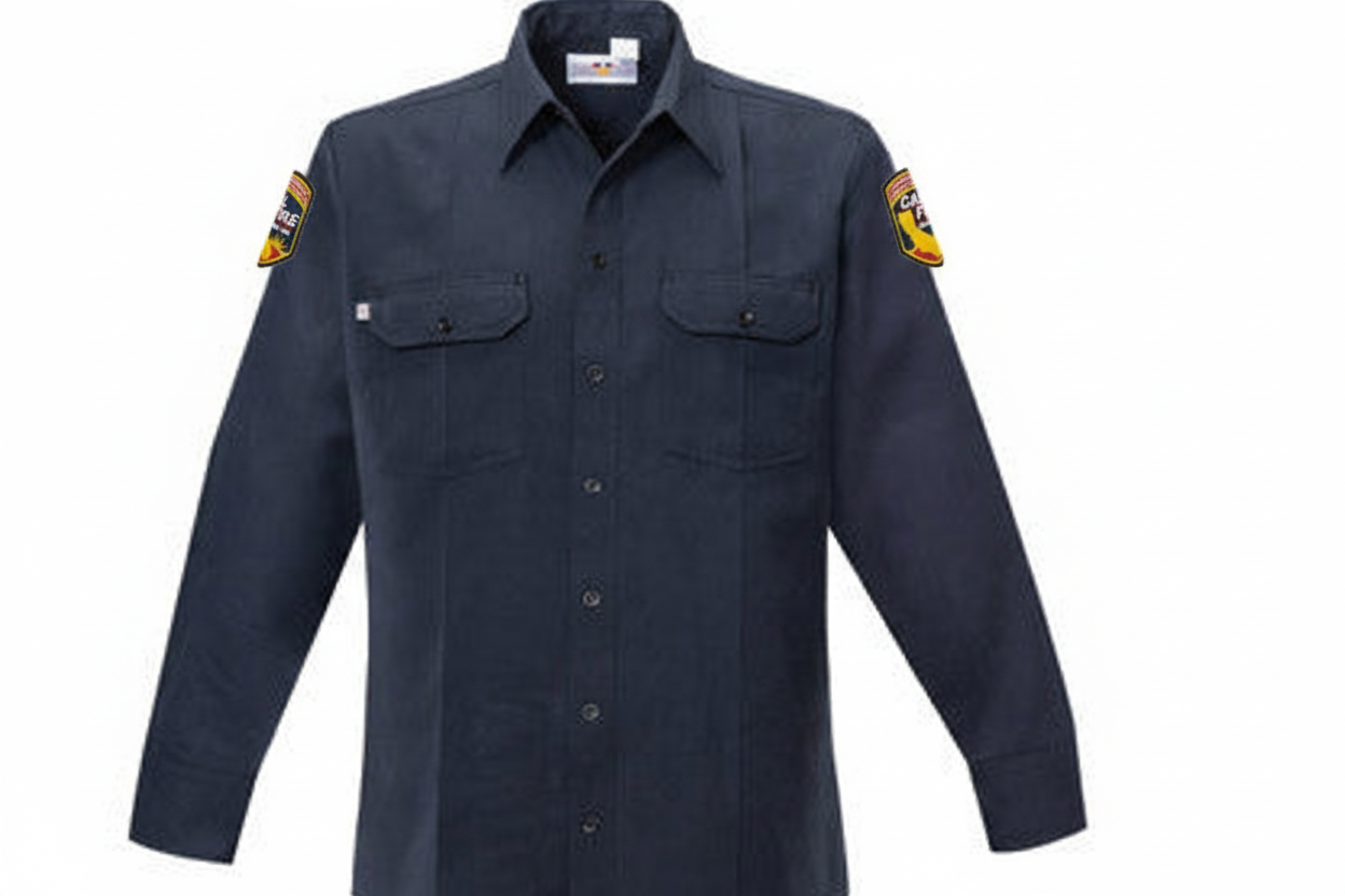 Front view of the navy wool women's shirt laid flat with CAL FIRE arrowhead shield patches on both sleeves, epaulets, and two flap chest pockets.