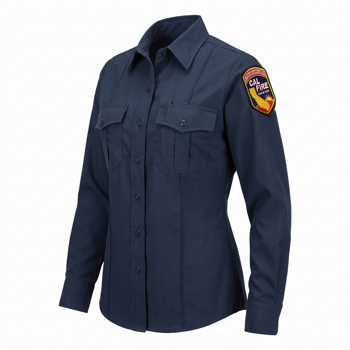 CAL FIRE Womens WorkRite Long Sleeve Nomex shirt, three-quarter view showing the left-shoulder CAL FIRE patch, flap pockets and button cuffs