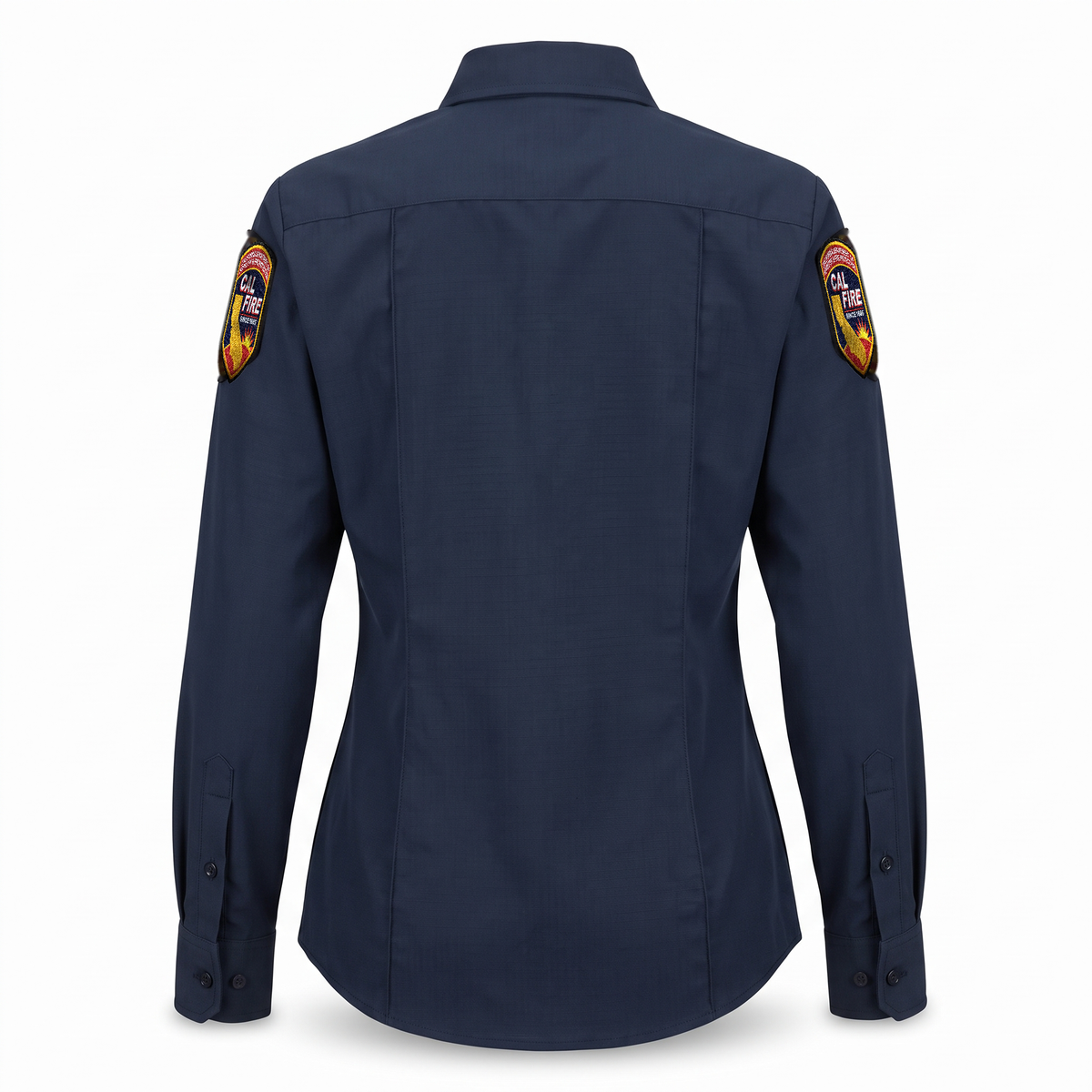 CAL FIRE Womens WorkRite Long Sleeve Nomex shirt, back view with sewn-in creases and shoulder patches on both sleeves
