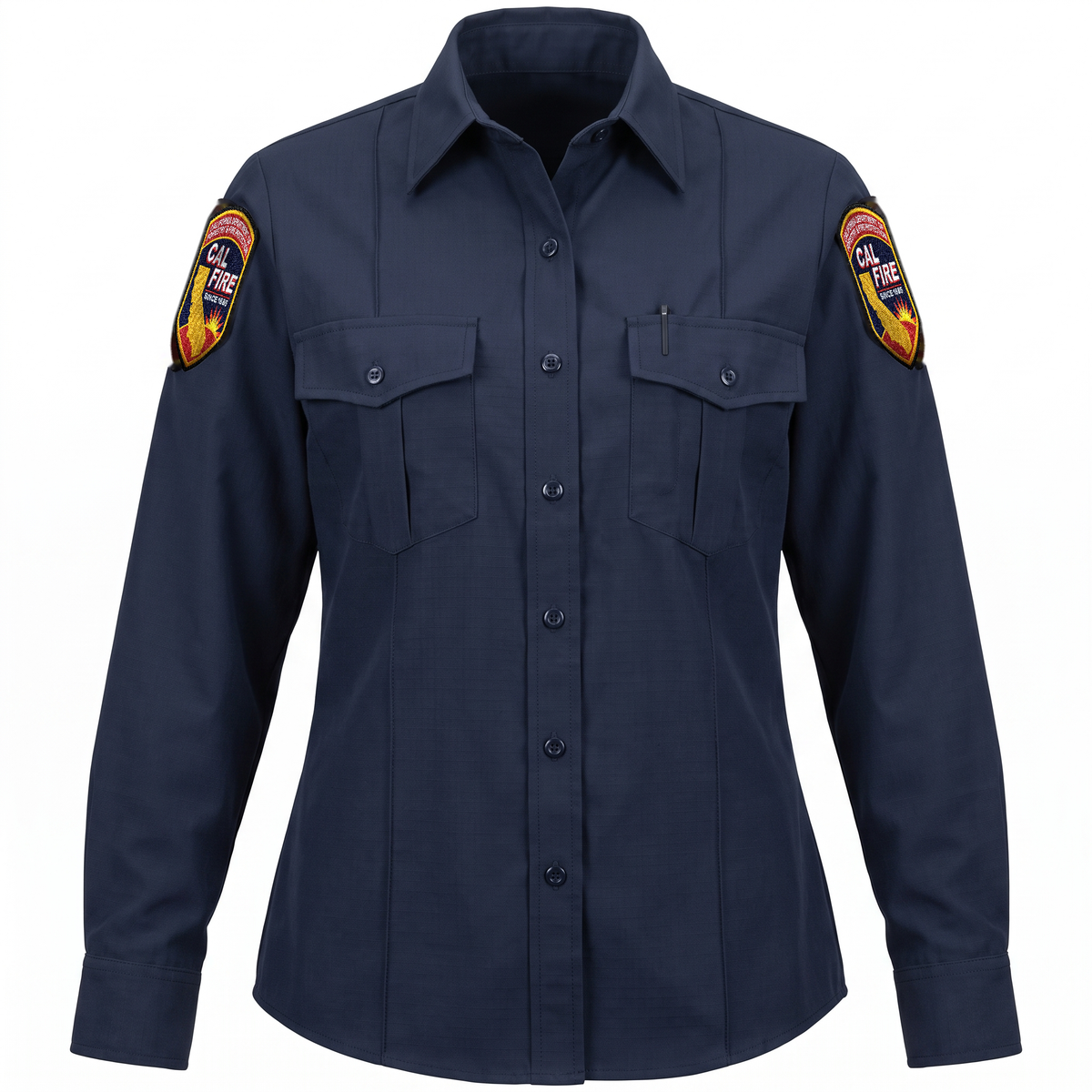 CAL FIRE Womens WorkRite Long Sleeve Nomex shirt, front view, midnight navy Nomex IIIA womens cut with embroidered CAL FIRE shoulder patches