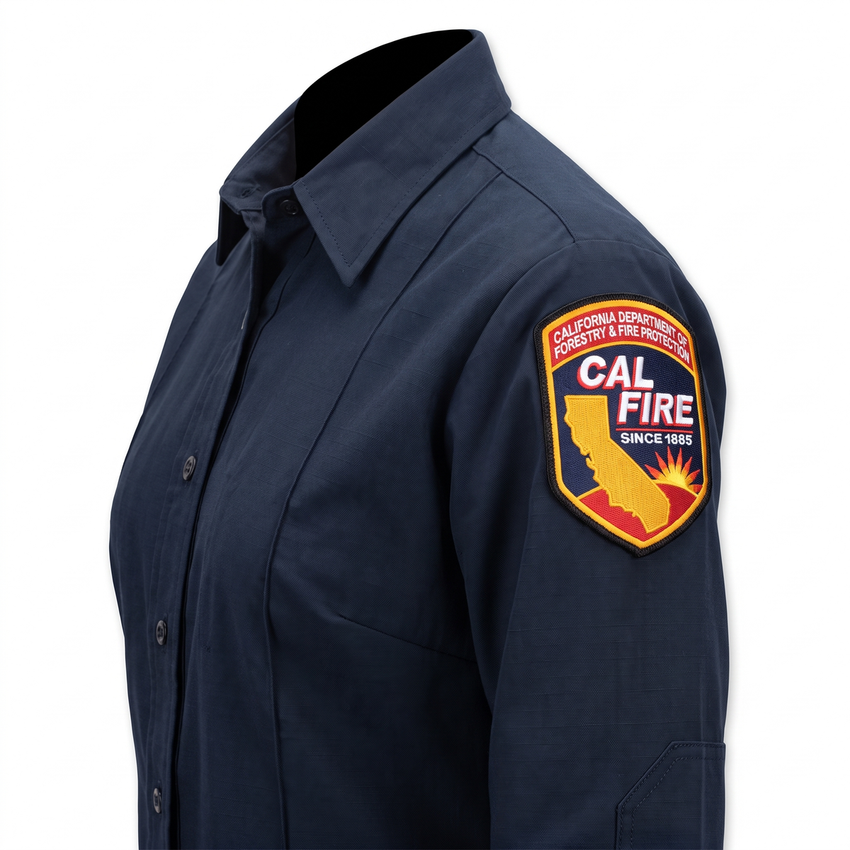 Close-up of the embroidered CAL FIRE shoulder patch on the sleeve of the Womens WorkRite Long Sleeve Nomex shirt