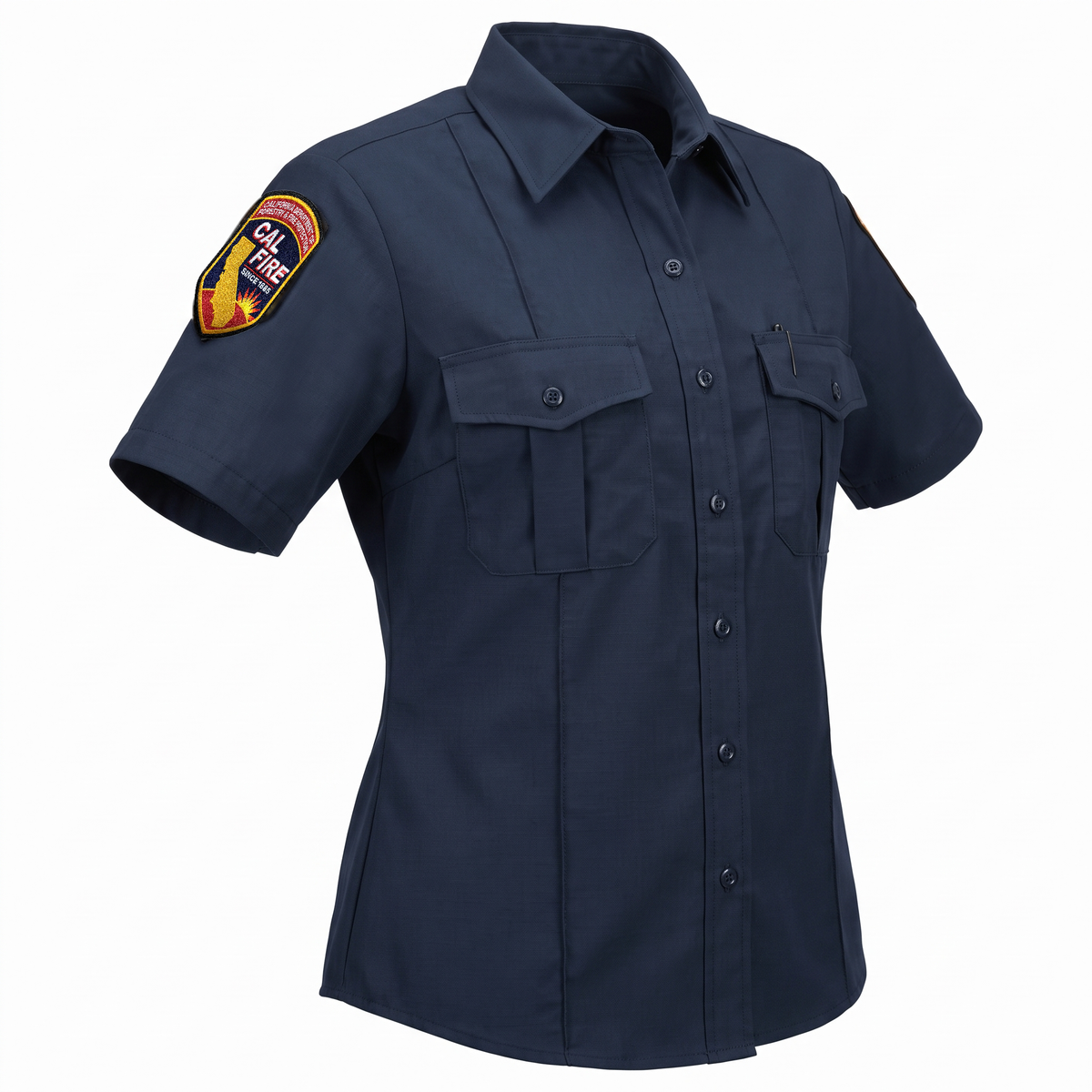 CAL FIRE Womens WorkRite Short Sleeve Nomex shirt, three-quarter view showing the left-shoulder CAL FIRE patch and tailored womens fit